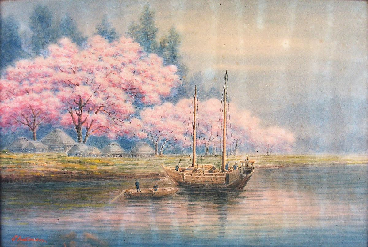 Japanese scene with fishing boats and blossoming trees near a village 